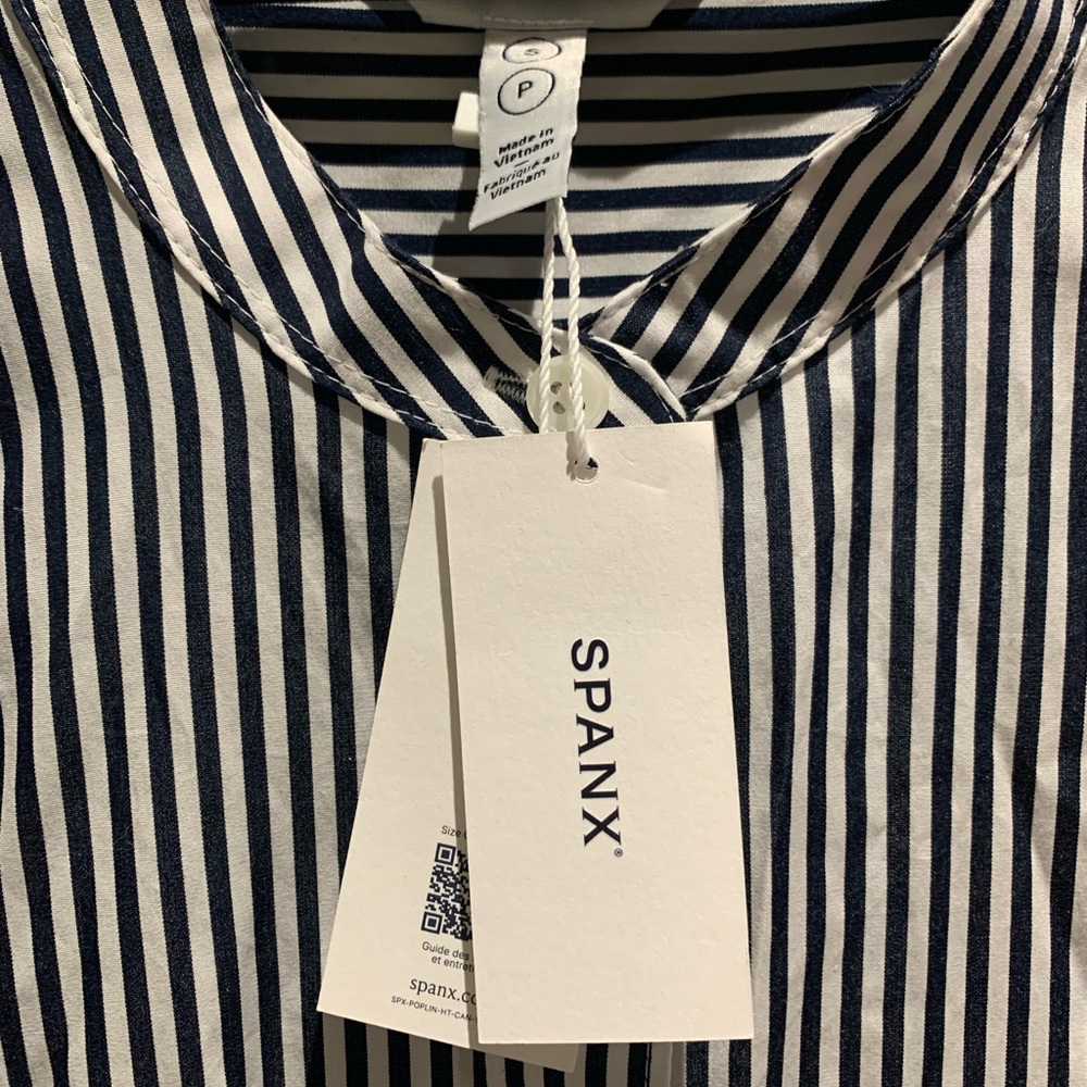 SPANX Woman’s Navy and White Striped Button Down Shirt
